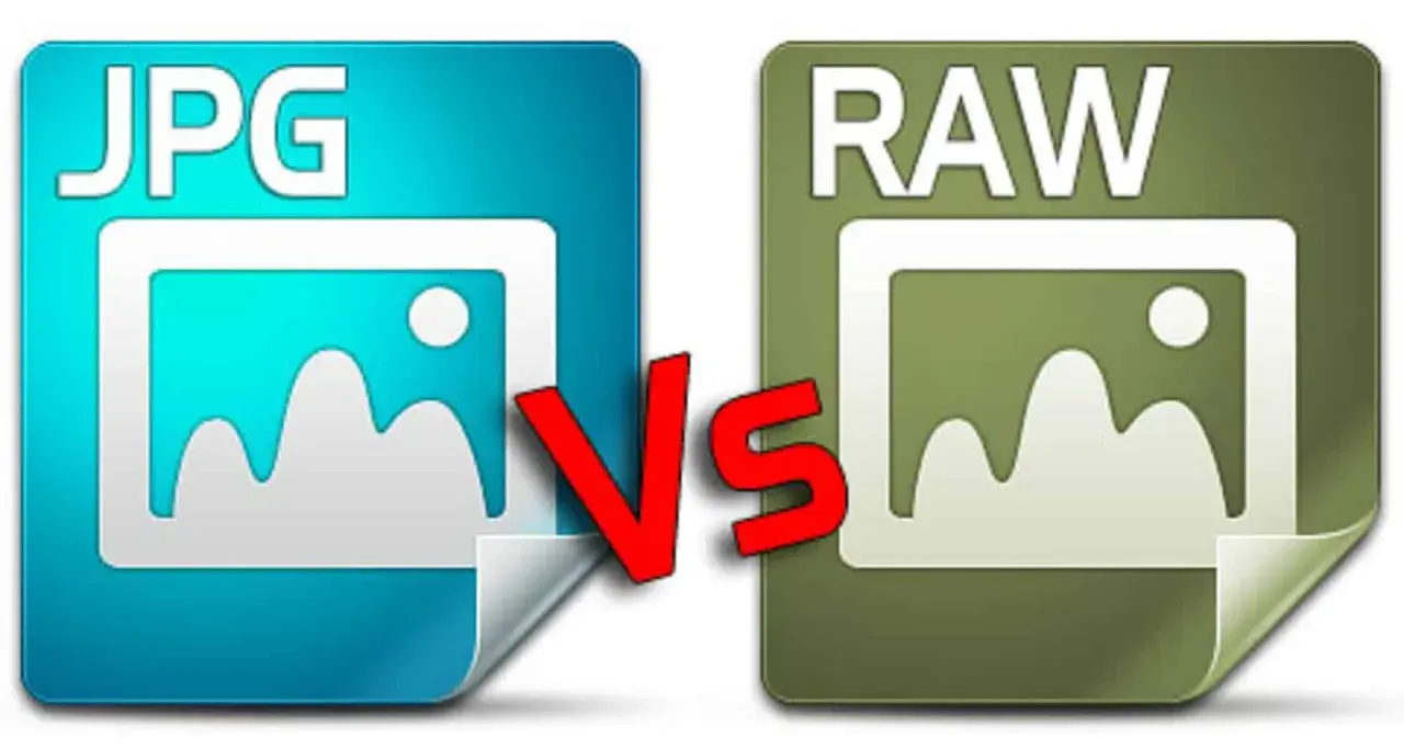 Icone JPG e RAW affiancate, con una grande "VS" rossa in mezzo, illustrano la differenza tra i formati di immagine.