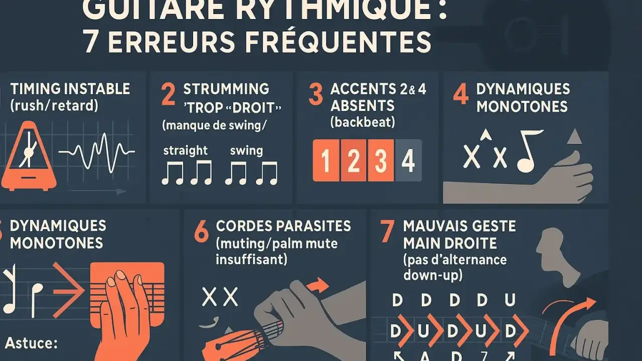 Le nom de cet instrument de musique est guitare. L'image illustre 7 erreurs fréquentes en guitare rythmique, comme le timing instable ou les dynamiques monotones.