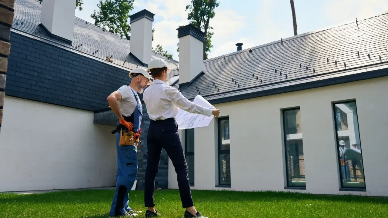 Architekt i budowlaniec omawiają plany domu. Czy można mieszkać w domu bez odbioru? To pytanie, na które odpowiedź znajdą, analizując projekt.