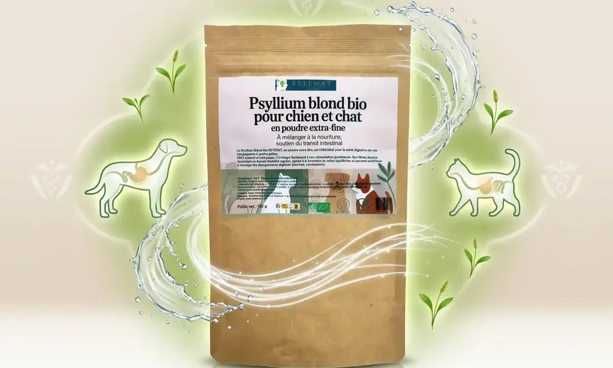 Sachet de psyllium blond bio pour chien et chat, idéal pour le transit intestinal. Aide à réguler la digestion.