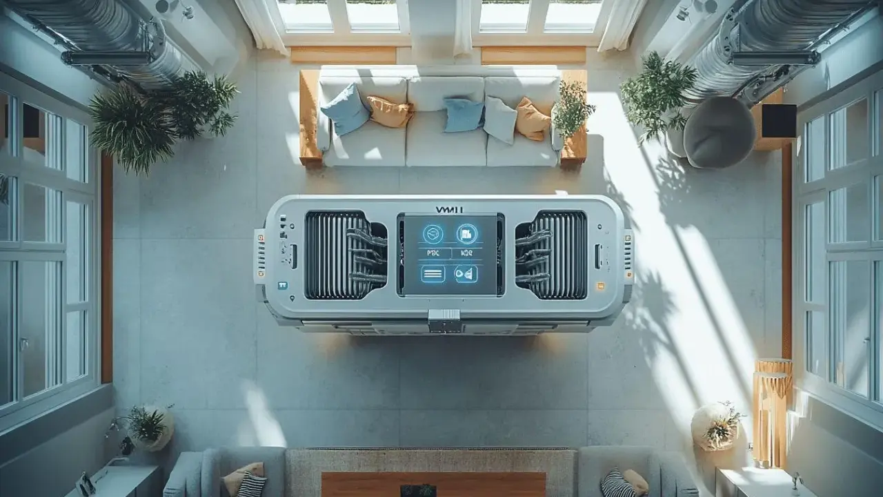Un appareil futuriste de ventilation par surpression au centre d'un salon moderne, avec des canapés et des plantes.