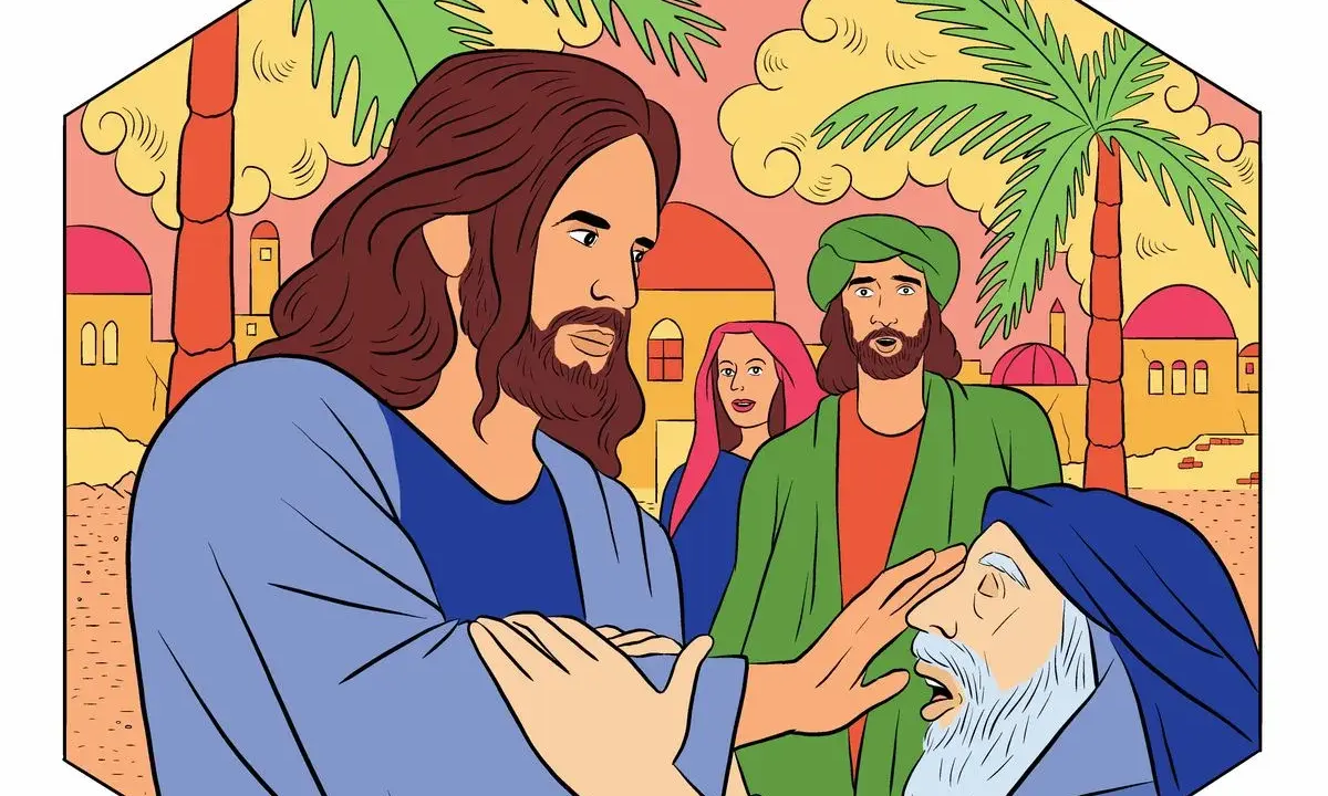 Jesus, der wie ein Moslem gekleidet ist, heilt einen Mann. Palmen und orientalische Gebäude im Hintergrund.