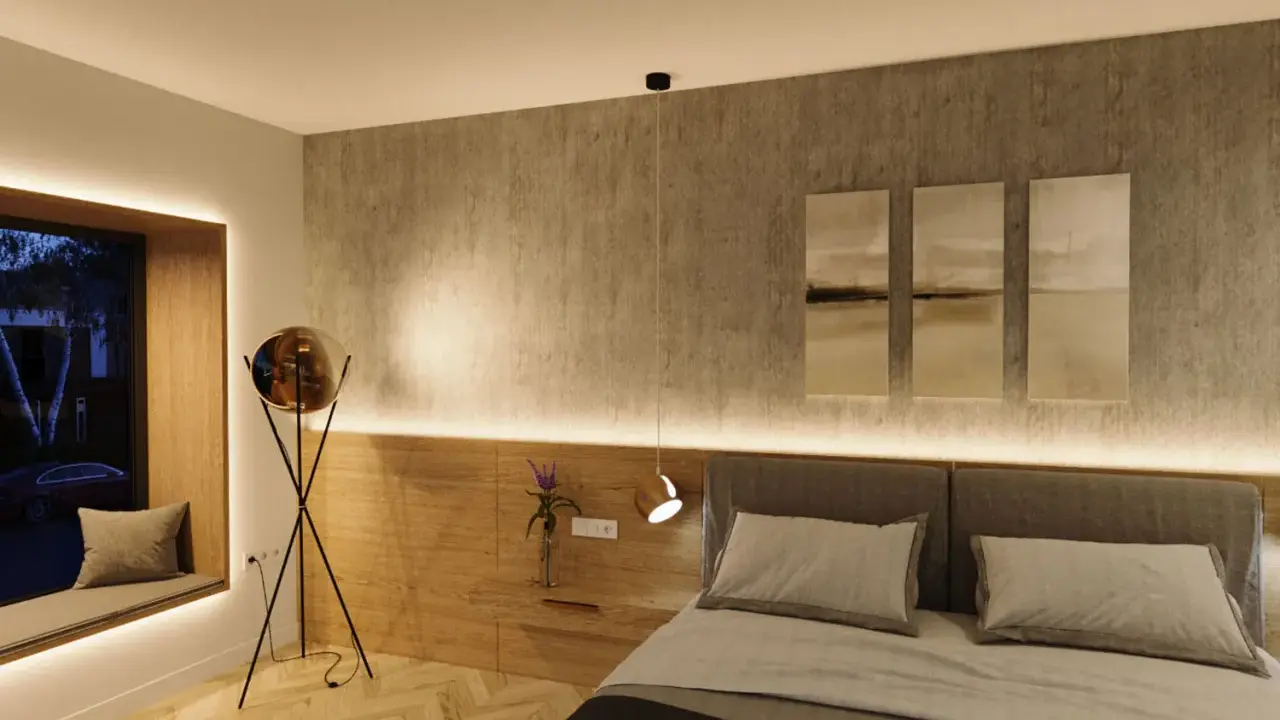 Sovrum med modern belysning, en mysig fönsterplats och konst. Perfekt belysning sovrum inspiration.