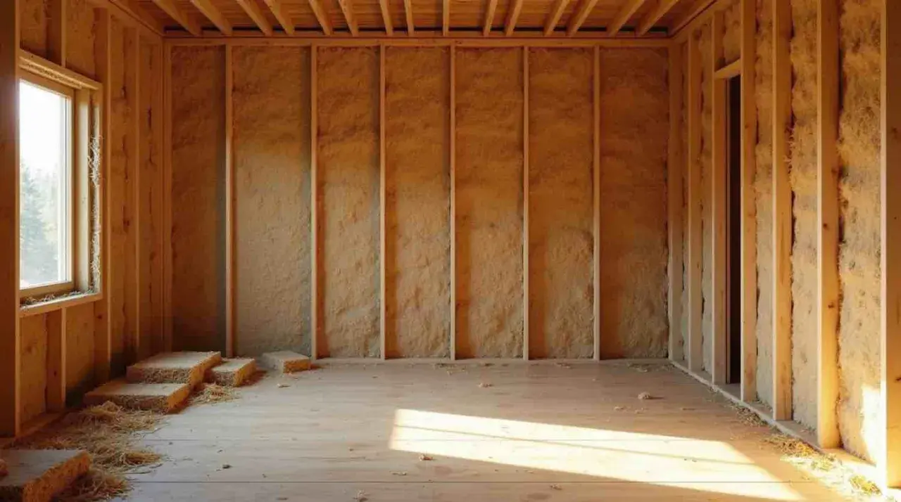 Intérieur d'une maison en construction, avec un mur terre paille visible. Des bottes de paille sont empilées près d'une fenêtre.