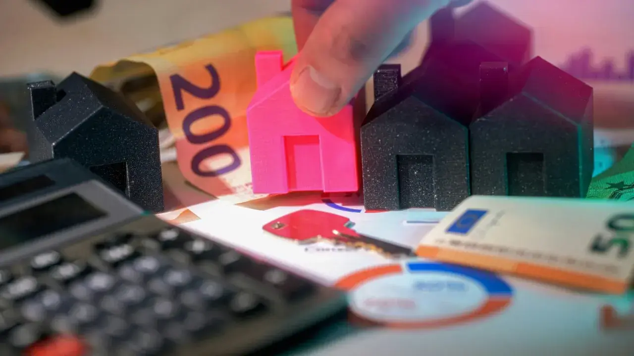 Petites maisons, billets de banque et calculatrice symbolisant le déblocage des fonds pour un projet immobilier. Une main place une maison rose.