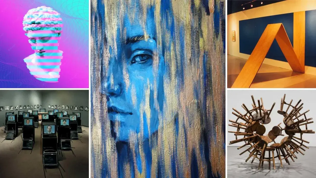 Collage of modern art: glitch bust, blue portrait, video installation, wooden sculpture, and chair art. These explore what themes had the largest impact on modern art.