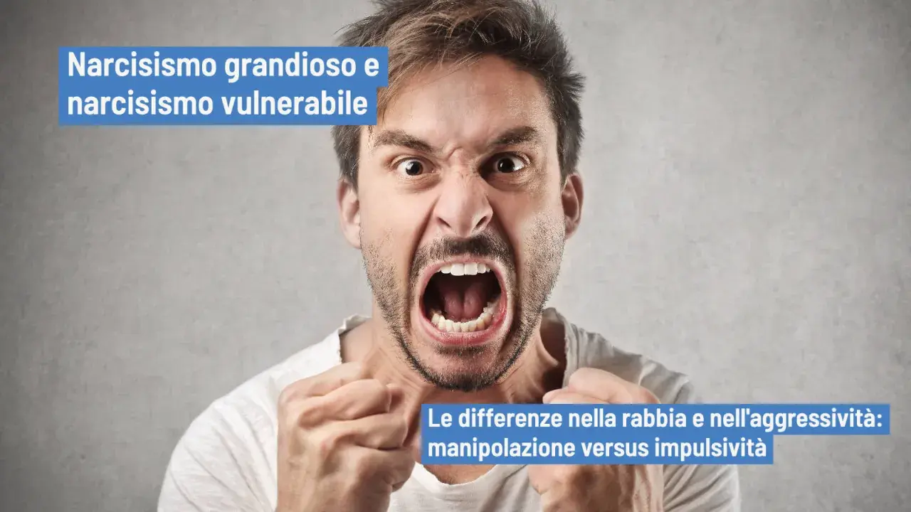 Uomo con espressione di rabbia narcisistica, pugni stretti. Testo: "Narcisismo grandioso e vulnerabile. Differenze tra rabbia e aggressività.