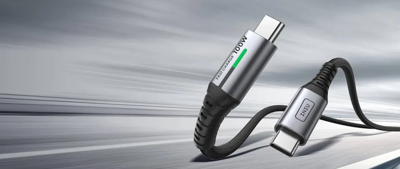 Câble USB-C argenté avec inscription "FAST CHARGE 100W" et un autre connecteur USB-C.