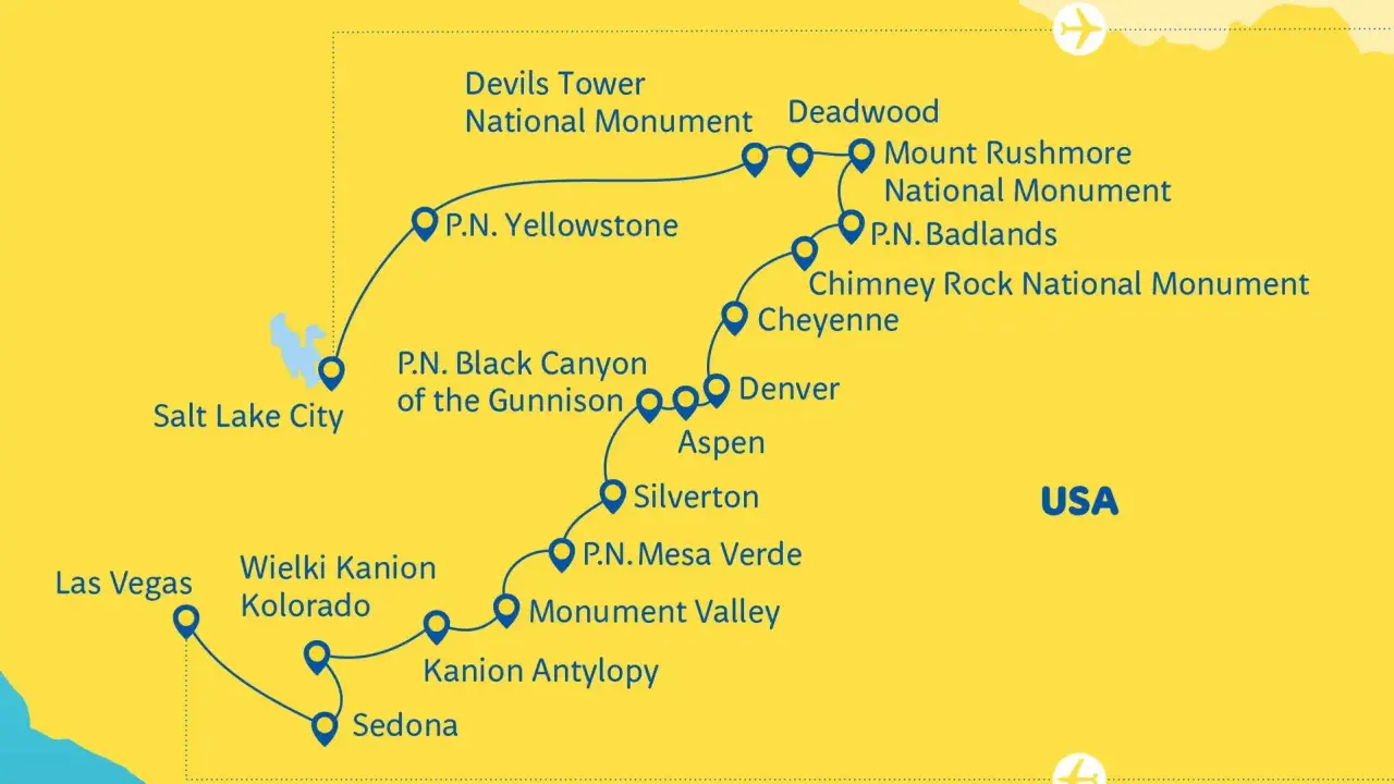 Mapa USA z trasą przez parki narodowe: Yellowstone, Black Canyon, Mesa Verde, Wielki Kanion Kolorado, Antelope Canyon, a także Devils Tower, Mount Rushmore i Badlands.