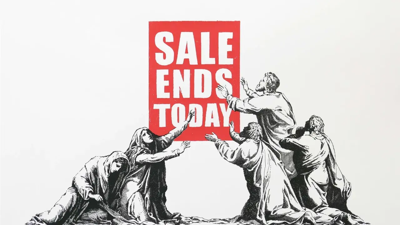 Figures reach for a red sign reading "SALE ENDS TODAY," perhaps lamenting the tax on sale of inherited art.