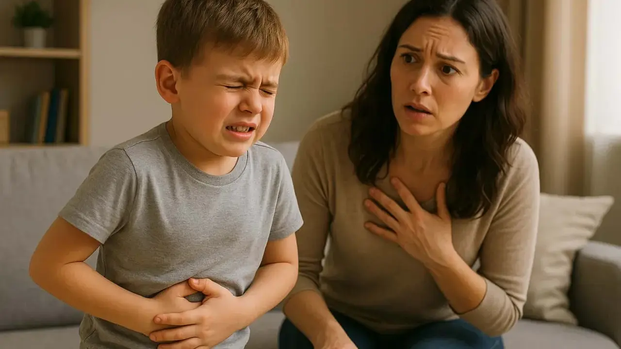 Niño con dolor abdominal y madre preocupada. Podría ser diarrea en niños sin fiebre.