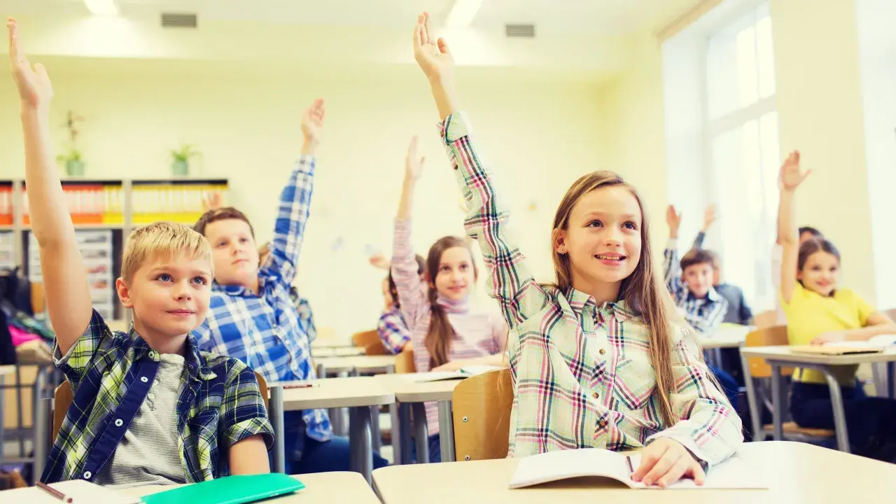 Engagierte Schüler im Unterricht heben eifrig die Hände.