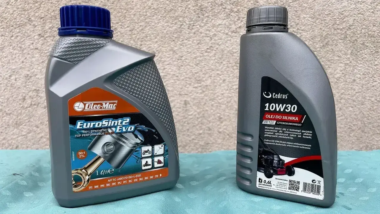 Dwa rodzaje oleju: Oleo-Mac EuroSint2 do silników dwusuwowych i Cedrus 10W30 do silników czterosuwowych.