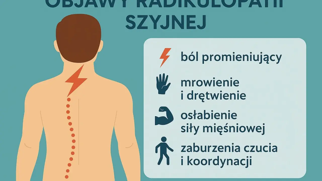 Grafika ilustruje objawy radikulopatii szyjnej: piekący ból kręgosłupa szyjnego, mrowienie, osłabienie mięśni i zaburzenia koordynacji.