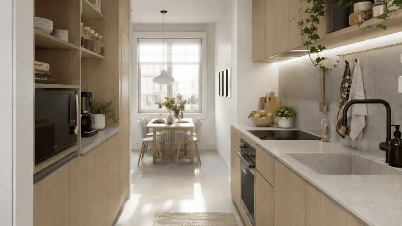 Cuisine moderne et lumineuse, avec des rangements en bois clair pour une optimisation petite cuisine. Une table et des chaises près de la fenêtre invitent à la convivialité.