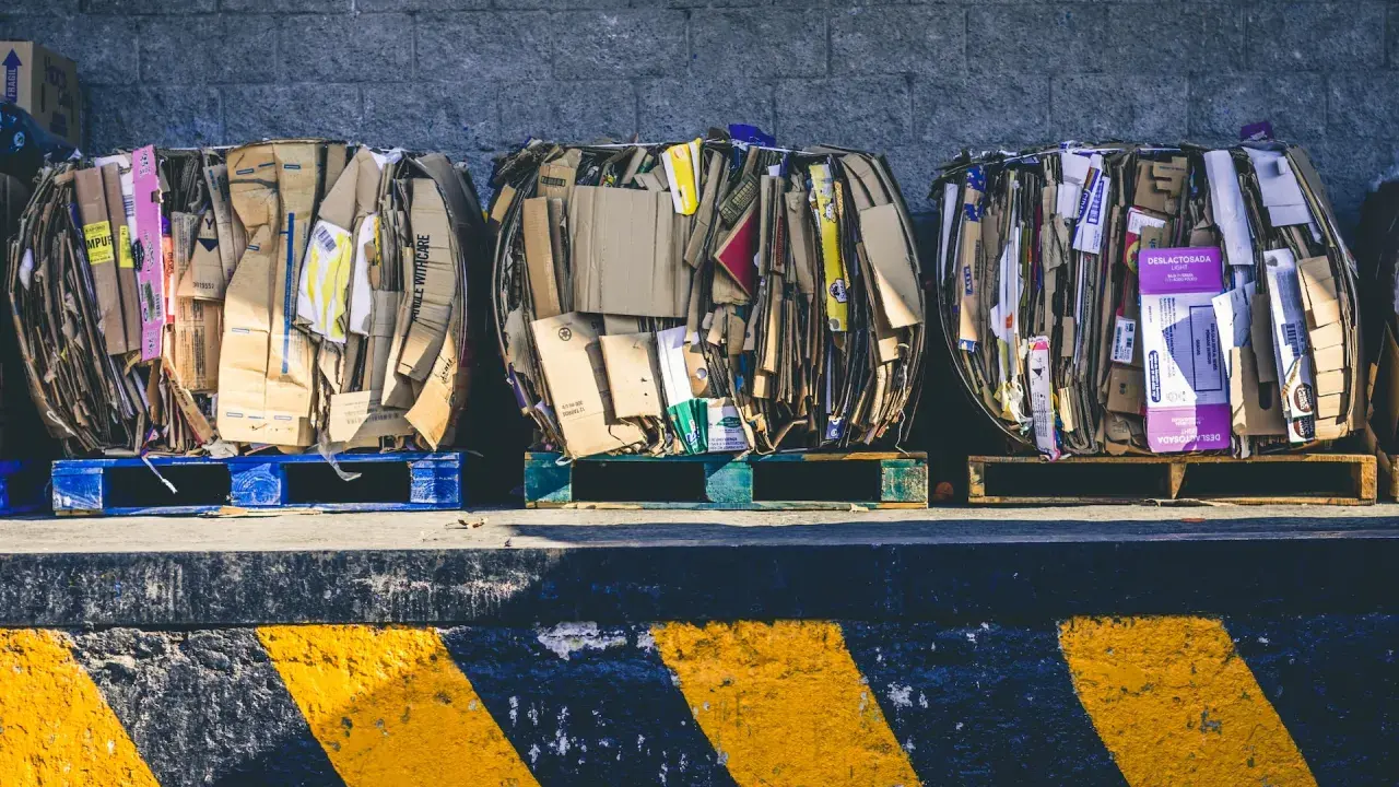 Trzy wielkie bele makulatury, gotowe do przetworzenia. To surowiec dla polskiej produkcji papieru, symbol recyklingu i gospodarki obiegu zamkniętego.