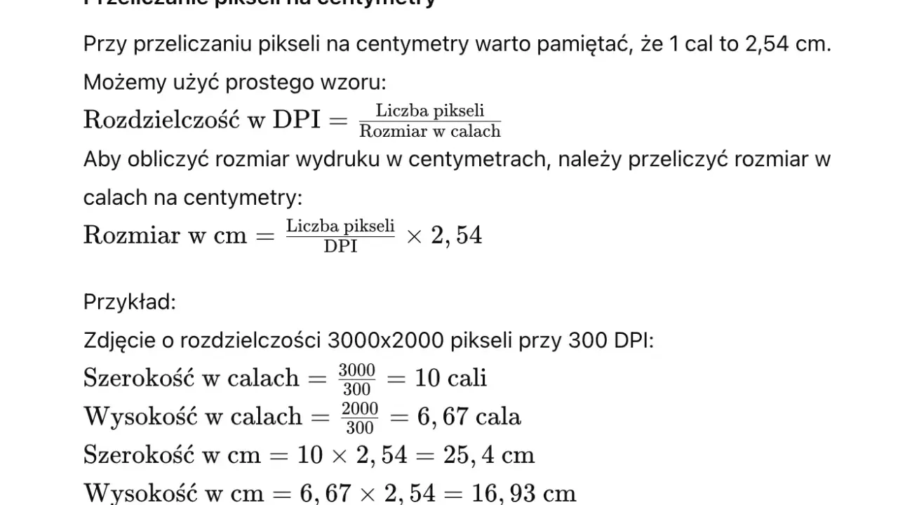 Obliczenia ile dpi do druku. Wzory na przeliczanie pikseli na centymetry i przykładowe wyliczenia rozmiaru wydruku.