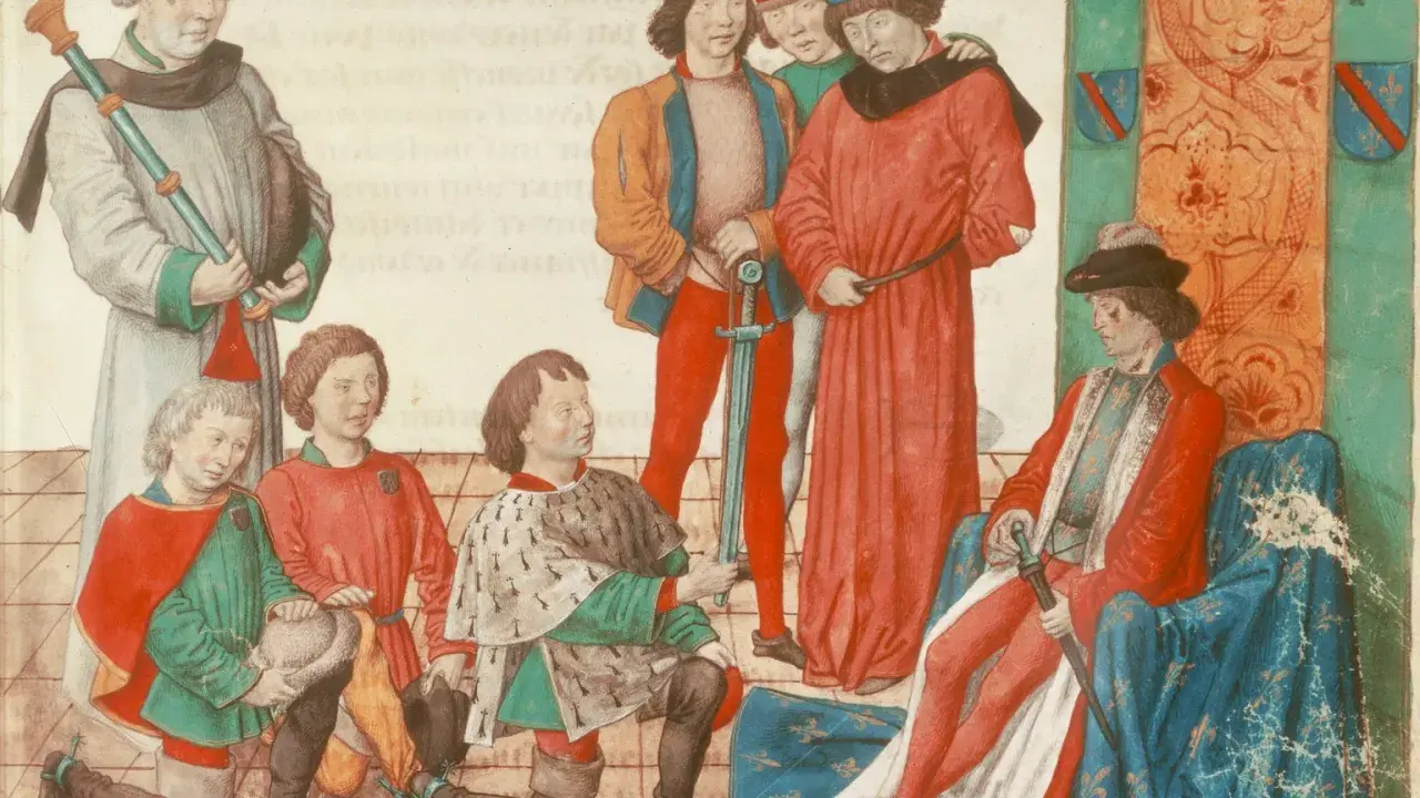 Ein Mann im roten Mantel sitzt, umgeben von knienden und stehenden Personen. Dies illustriert, was ein Lehen ist: eine Beziehung von Abhängigkeit und Treue.