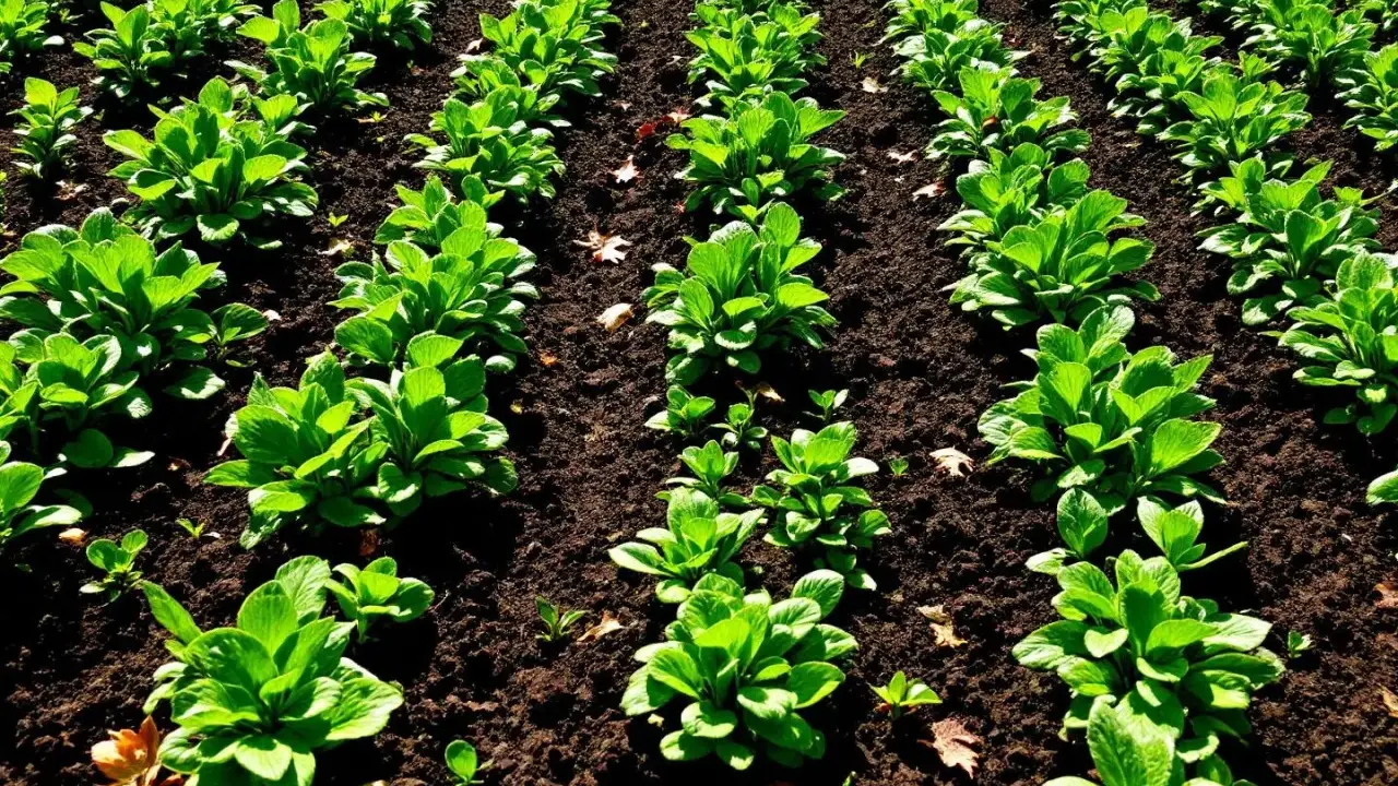 Légumes verts en rangées serrées, prêts pour le calendrier semis mâche.