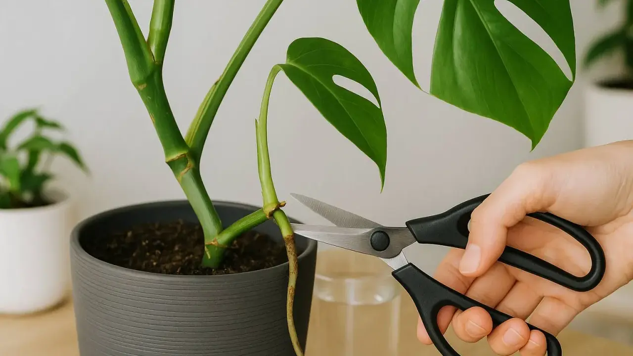 Mit einer Schere wird ein Ableger von der Monstera getrennt, um sie zu vermehren.