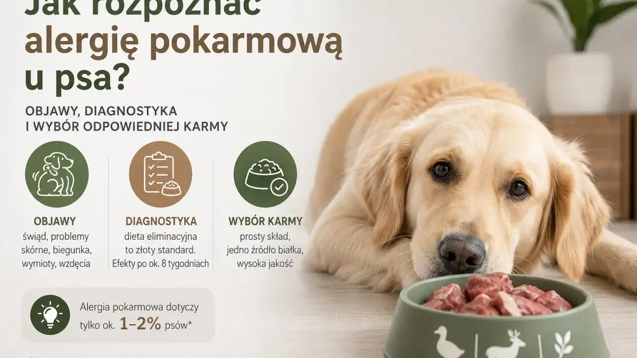 Złoty retriever z miską mięsa, obok tekst o objawach, diagnostyce i wyborze karmy przy alergii pokarmowej u psa.