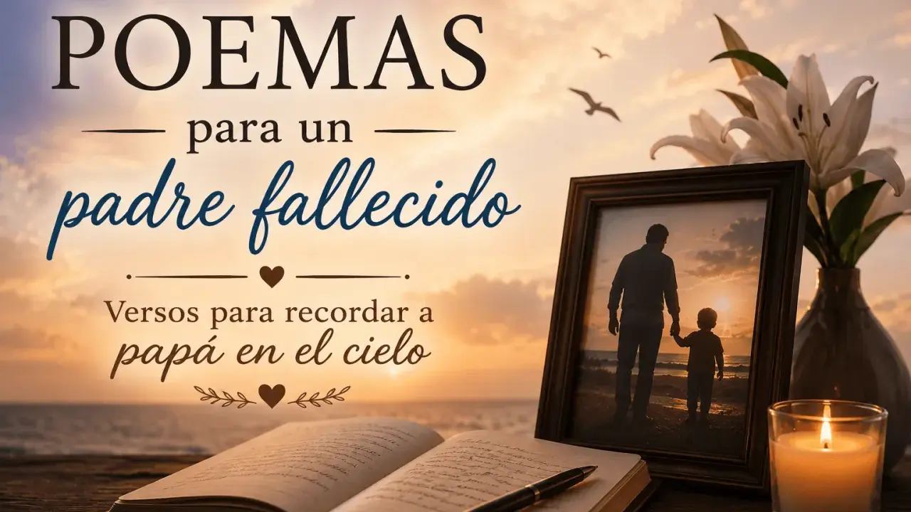Ricordo di un padre per una figlia: un libro aperto, una foto di un padre e figlio, fiori e una candela accesa, con il cielo al tramonto.