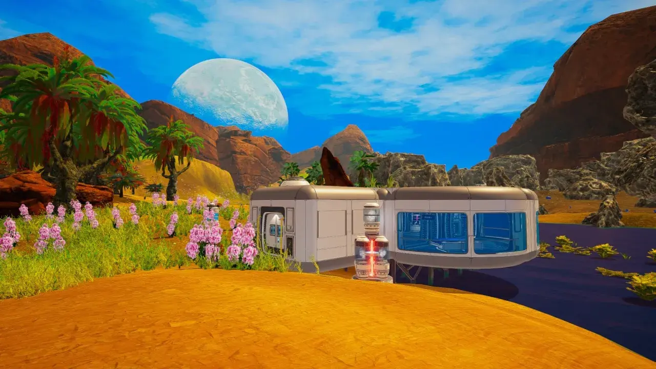 Kolonia na obcej planecie, gdzie planet crafter buduje bazę wśród palm i różowych kwiatów, pod wielkim księżycem.