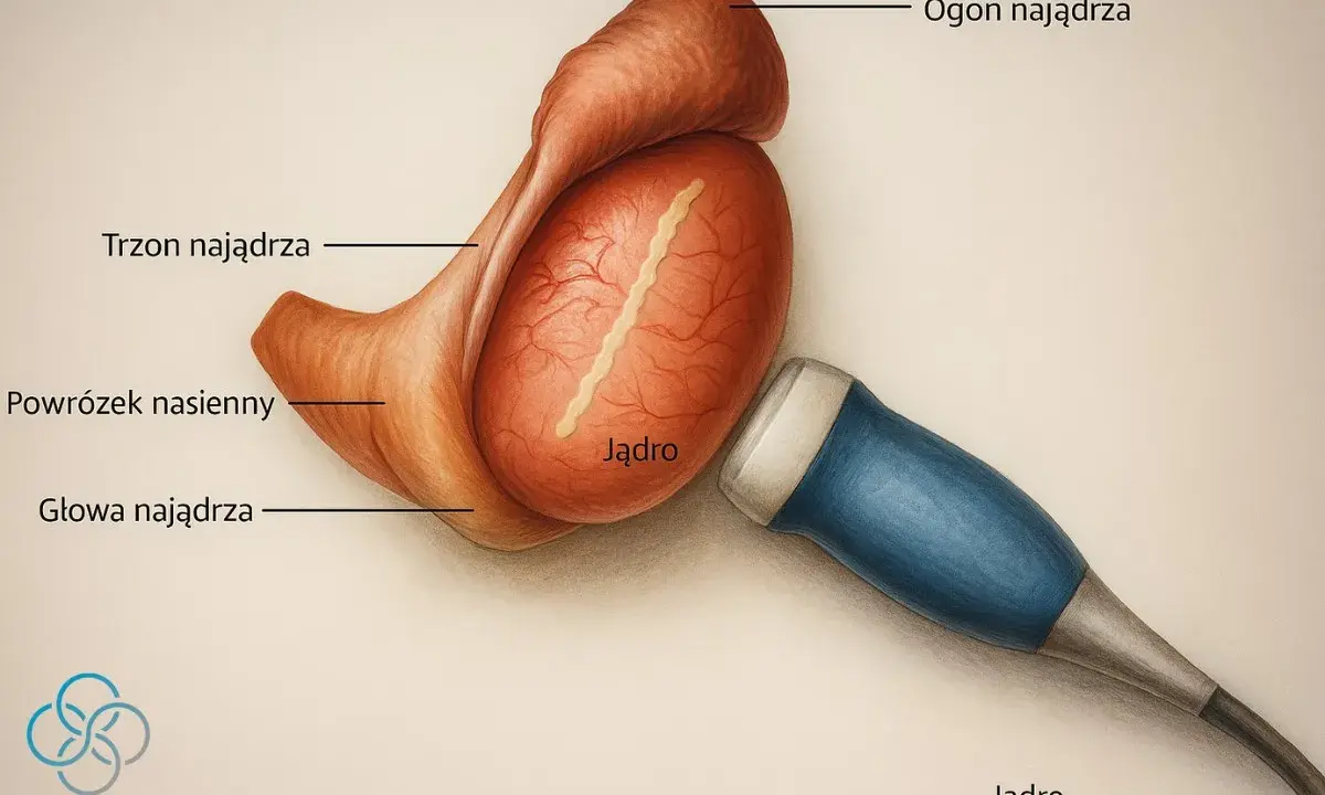 Badanie USG jądra, które może pomóc zdiagnozować ból prawego jądra. Widoczne jądro, powrózek nasienny i głowa najądrza.