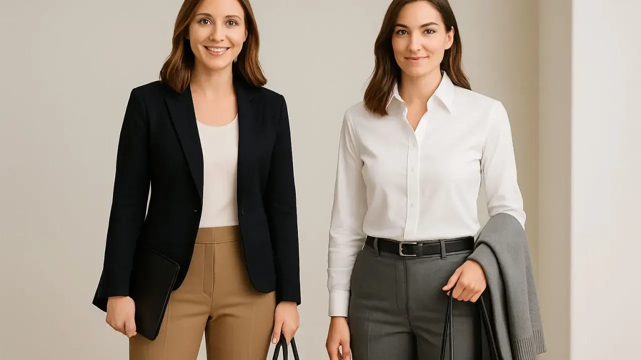 Two women showcase business casual style. One wears a navy blazer with tan pants, the other a white shirt with grey pants.