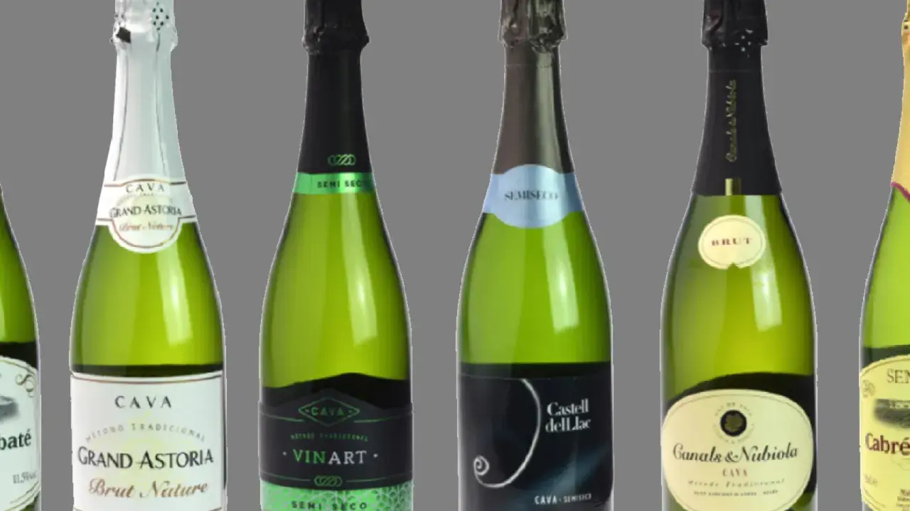 Varias botellas de cava, algunas de ellas de cava mas caro, como Grand Astoria y Canals & Nubiola, con etiquetas de diferentes marcas y tipos.