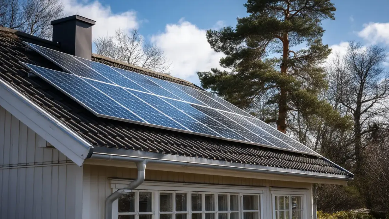 Solceller 5kw på taket av ett vitt hus, med träd och blå himmel i bakgrunden.