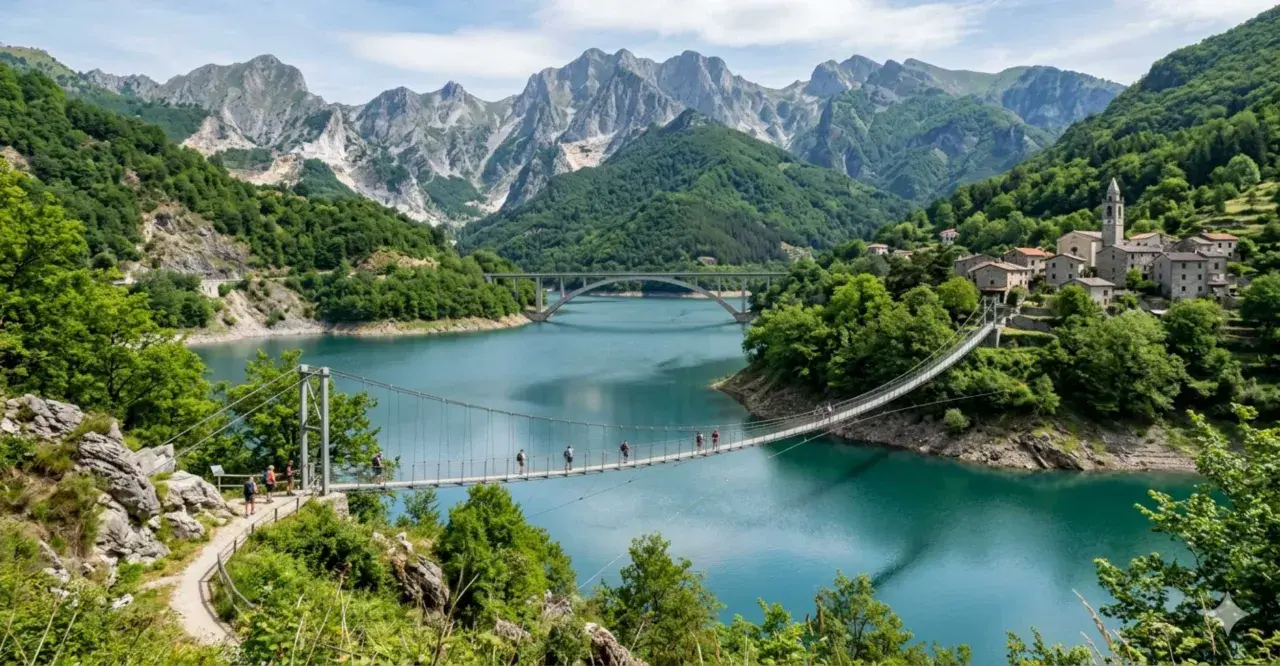 Un ponte sospeso attraversa il lago di Vagli, con montagne imponenti e un borgo pittoresco sullo sfondo.