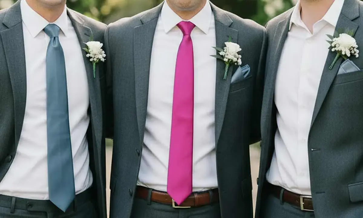 Groomsmen in grey suits with different colored ties. This image shows that you do not have to wear a tie to a wedding, but it's a stylish choice.