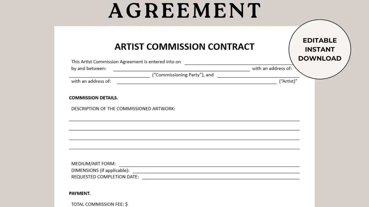 An artist commission agreement template, ready for download, detailing artwork specifications and payment terms for a commissioned piece.