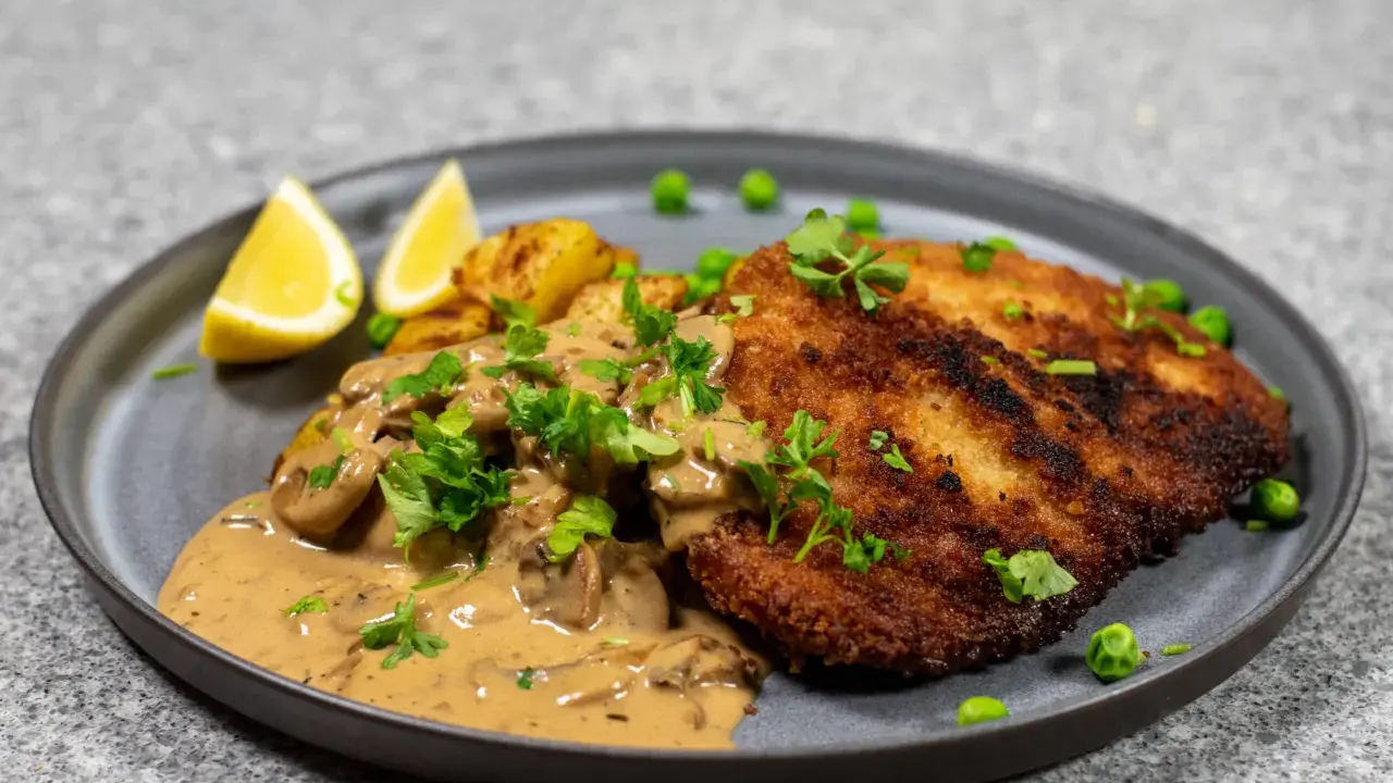 En gyllene panerad kotlett serveras med krämig svampsås, rostade potatisar, ärtor och citronklyftor.