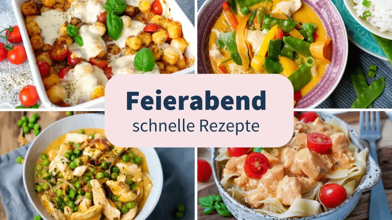 Vier leckere Rezepte für das Abendessen: Gnocchi-Auflauf, Curry mit Hähnchen, Hähnchen mit Erbsen und Pasta mit cremiger Sauce. Schnelle Ideen für jeden Tag.