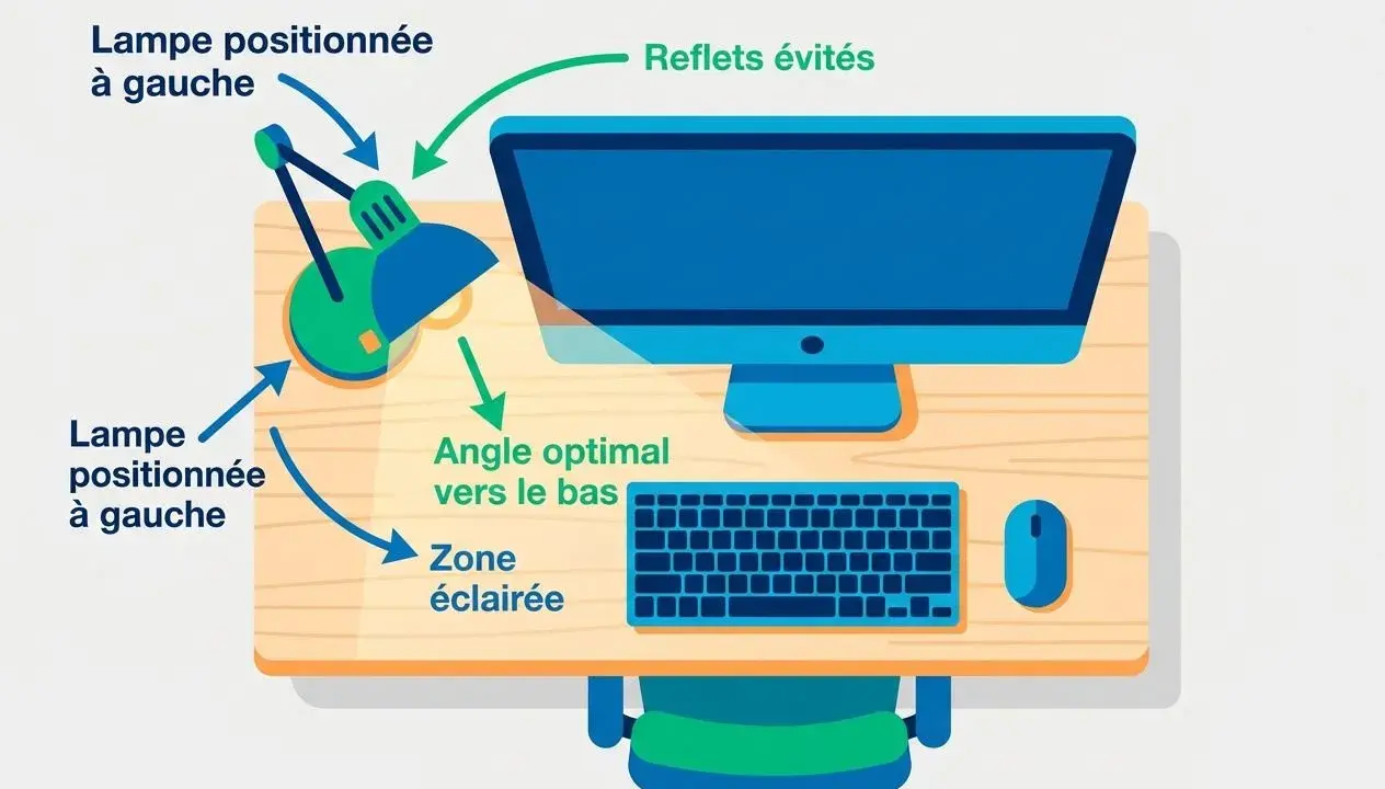 Illustration montrant comment orienter son bureau : lampe à gauche, angle optimal vers le bas pour éviter les reflets et éclairer la zone de travail.