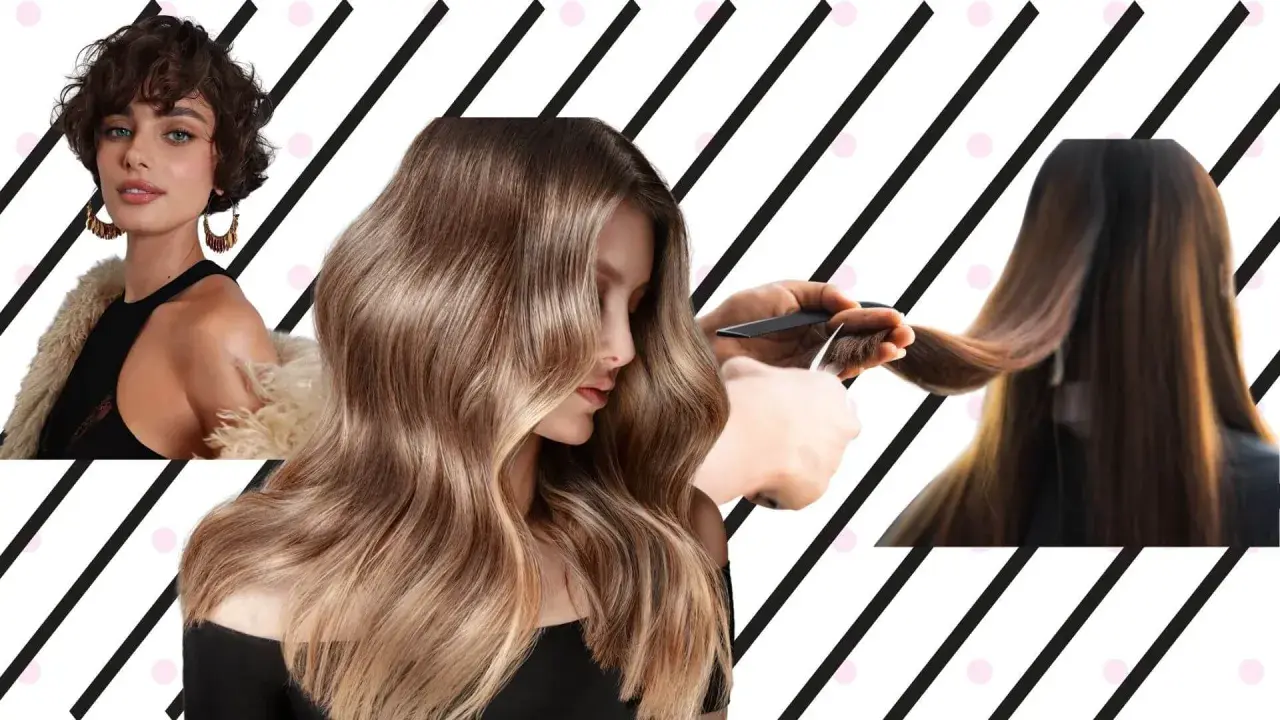 Mujer con pelo corto y rizado, otra con pelo largo y ondulado, y manos cortando puntas. Un corte en seco para un look moderno.