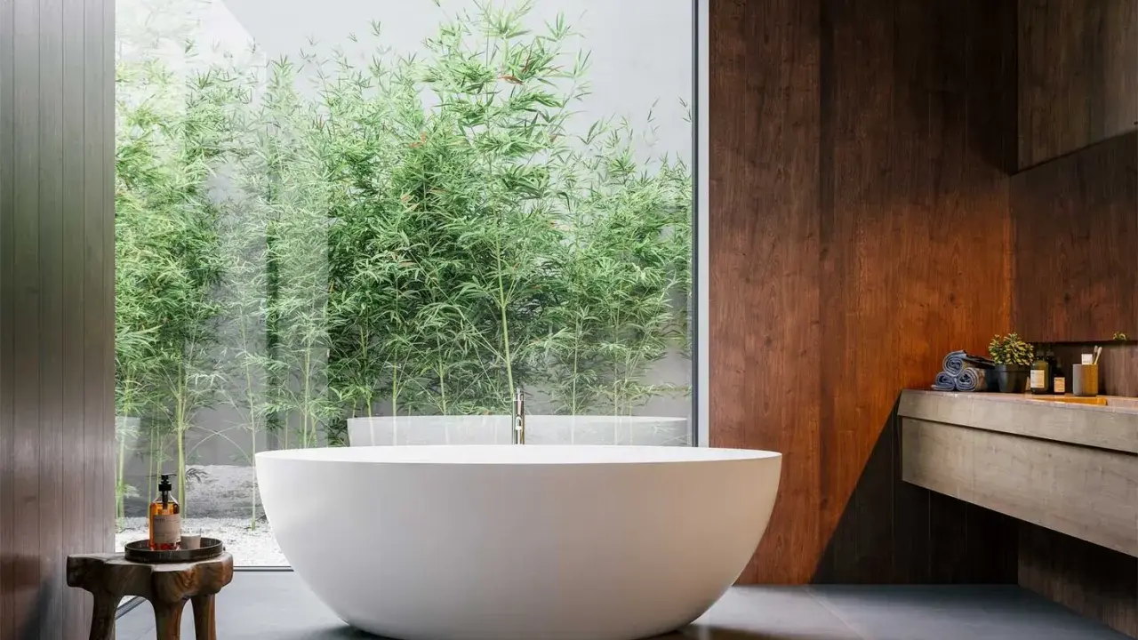 Mała łazienka w stylu spa z wolnostojącą wanną i widokiem na bambusowy ogród. Drewniane akcenty i kamienne płytki tworzą relaksującą atmosferę.