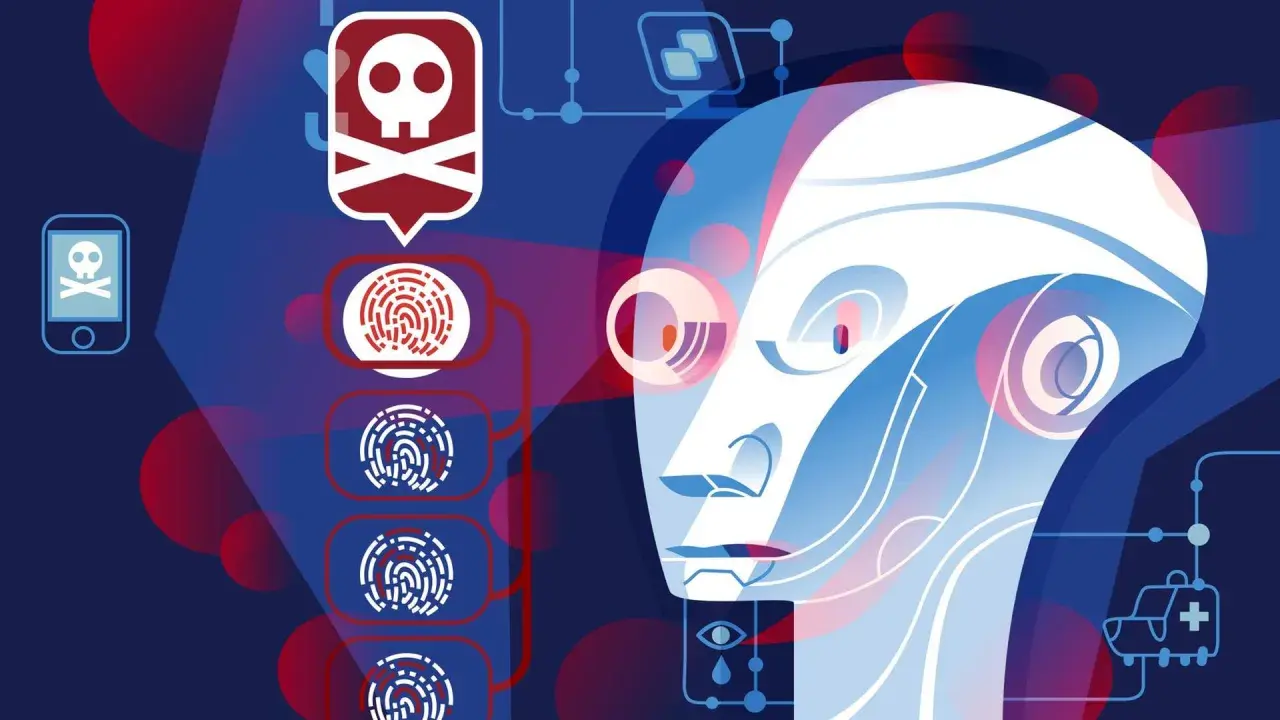 Kopf eines Roboters mit Fingerabdrücken und einem Totenkopf-Symbol, das auf die Gefahr des wannacry virus hinweist.