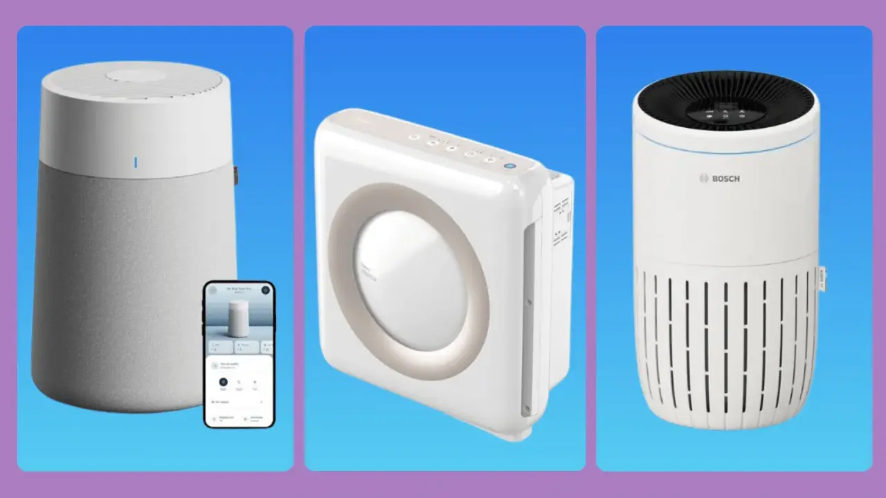 Tres purificadores de aire modernos, uno gris con app móvil, uno blanco cuadrado y uno blanco Bosch. Descubre para qué sirve un purificador de aire.