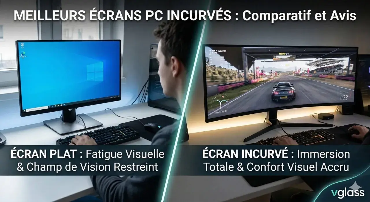 Comparaison d'un écran plat PC et d'un écran incurvé PC. Le plat est moins immersif, l'incurvé offre une meilleure immersion.