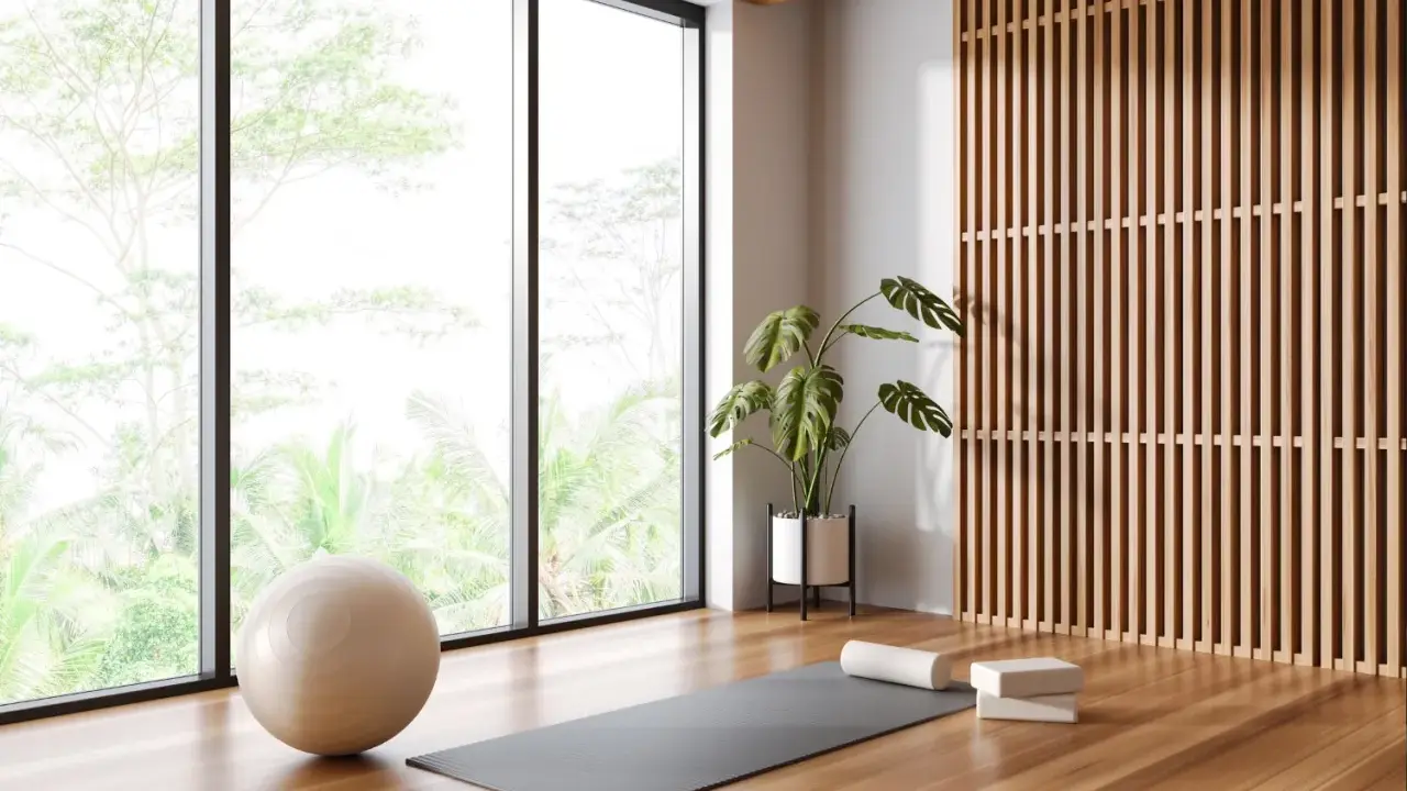 Ett ljust och luftigt yogarum hemma med stora fönster, en yogamatta, boll och en grön växt.