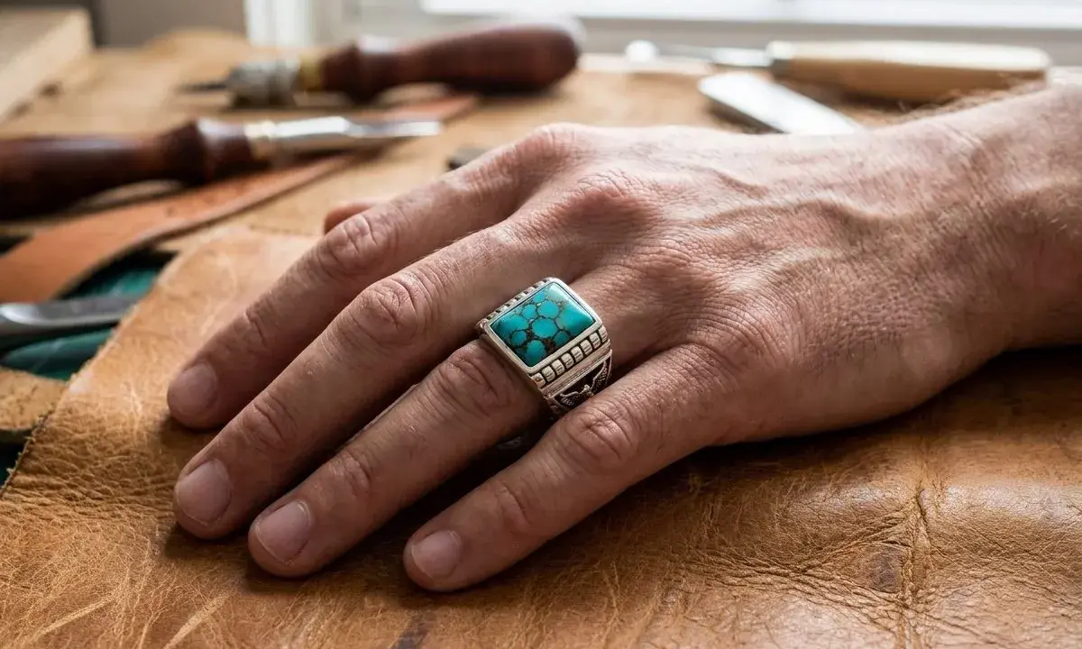 Anello uomo con pietra turchese, simbolo di protezione e saggezza.
