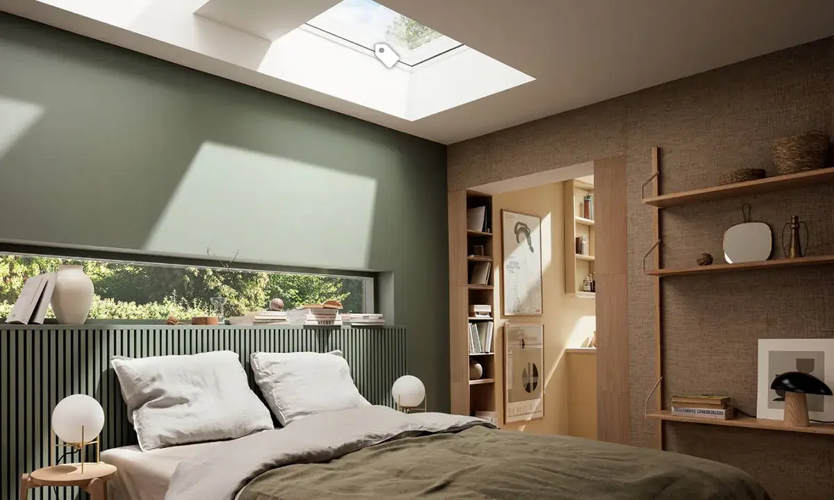 Chambre paisible avec mur vert sauge. Le vert s'harmonise avec le bois clair et le lin, créant une ambiance douce.