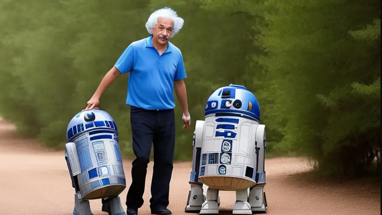 Albert Einstein pasea con dos droides R2-D2 por un camino rural. Una escena de ia realista.