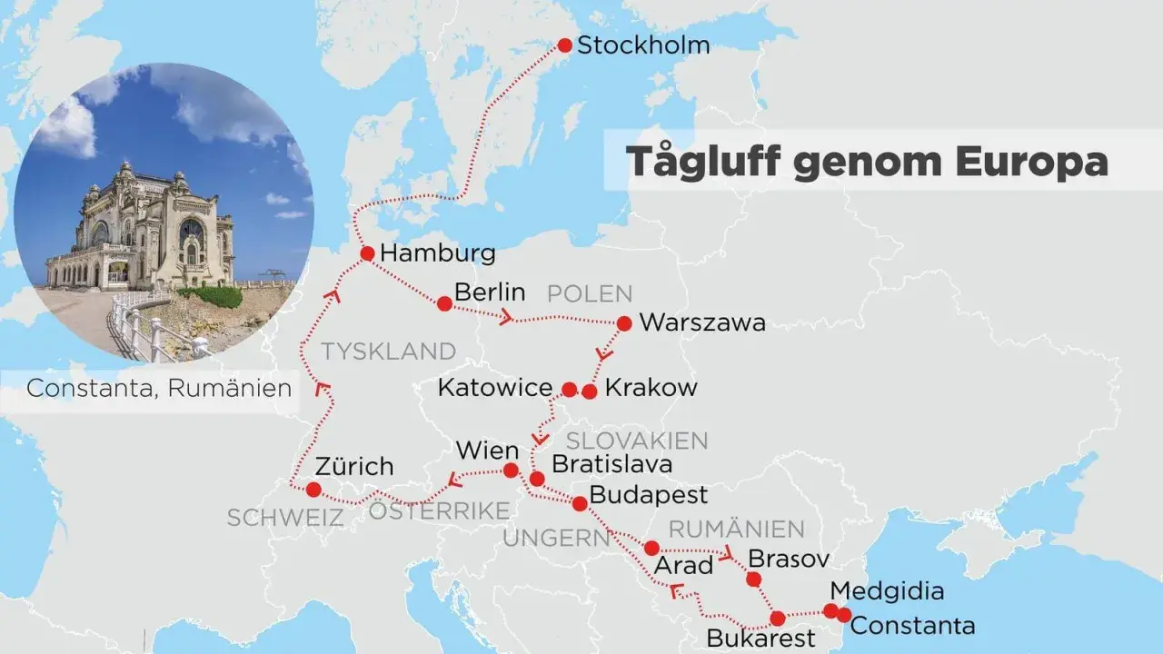 Karta över en tågluff genom Europa med stopp i Stockholm, Hamburg, Berlin, Warszawa, Wien, Budapest och Bukarest. Drömmer du om tågluffa Europa gratis 2024?