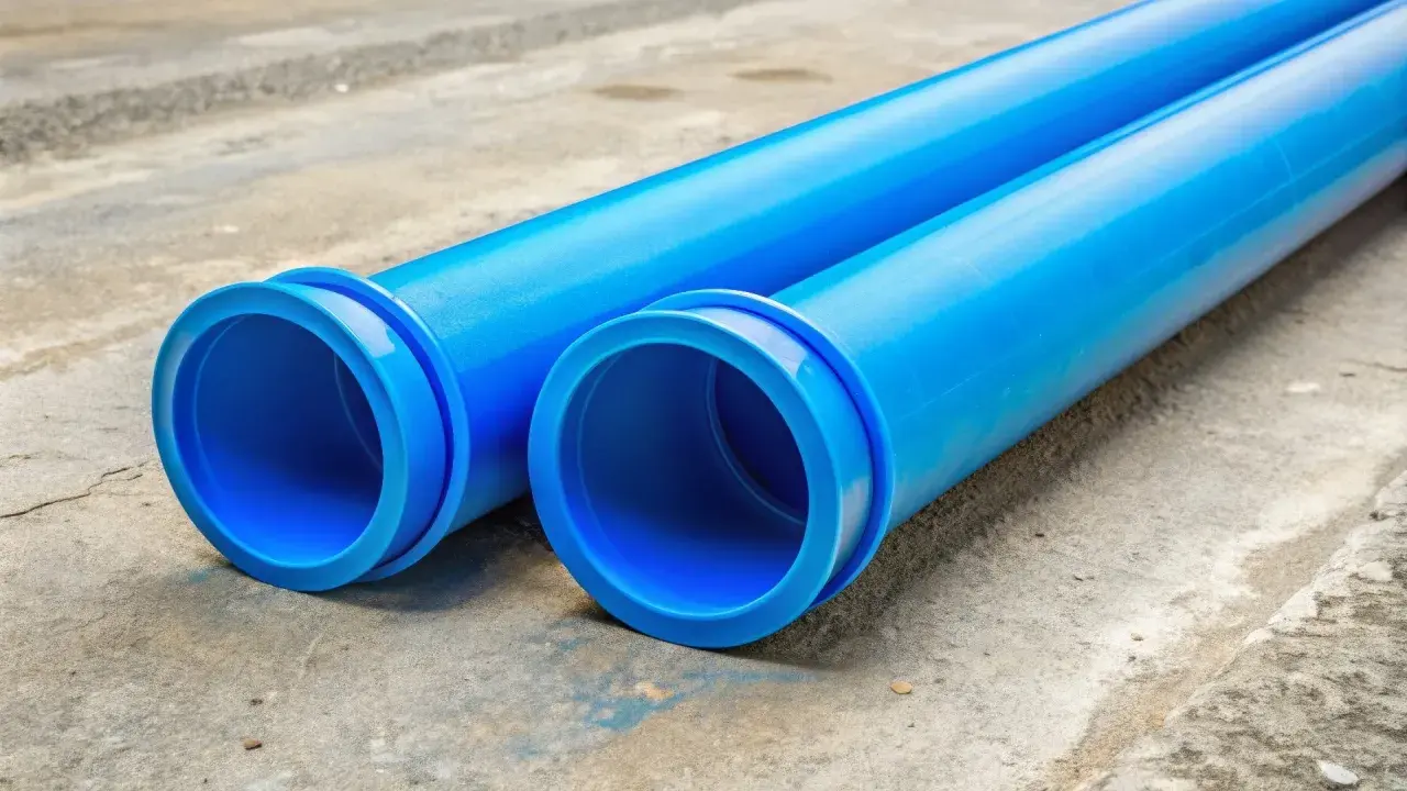 Dwie niebieskie rury PVC leżą na betonie. To idealna jaka rura do przyłącza wody, gotowa do montażu.