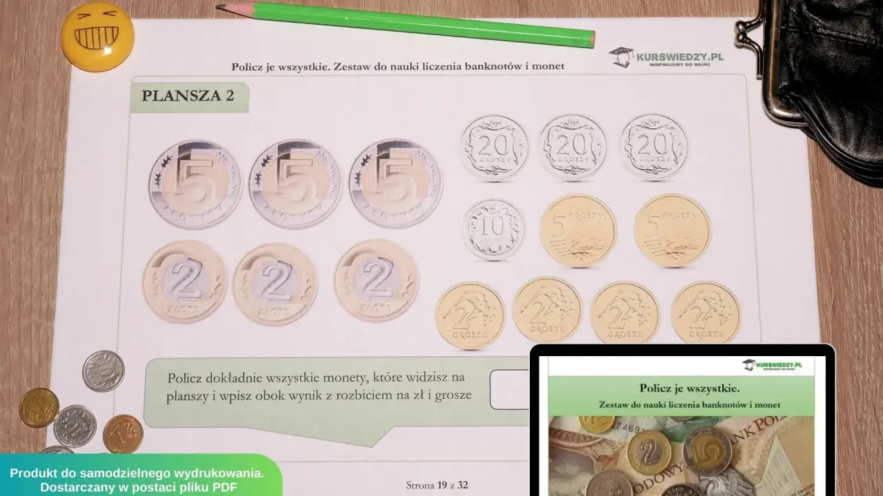 Zestaw do nauki liczenia polskie banknoty do wydruku dla dzieci. Plansza z monetami 5 zł, 2 zł, 20 gr, 10 gr, 5 gr.