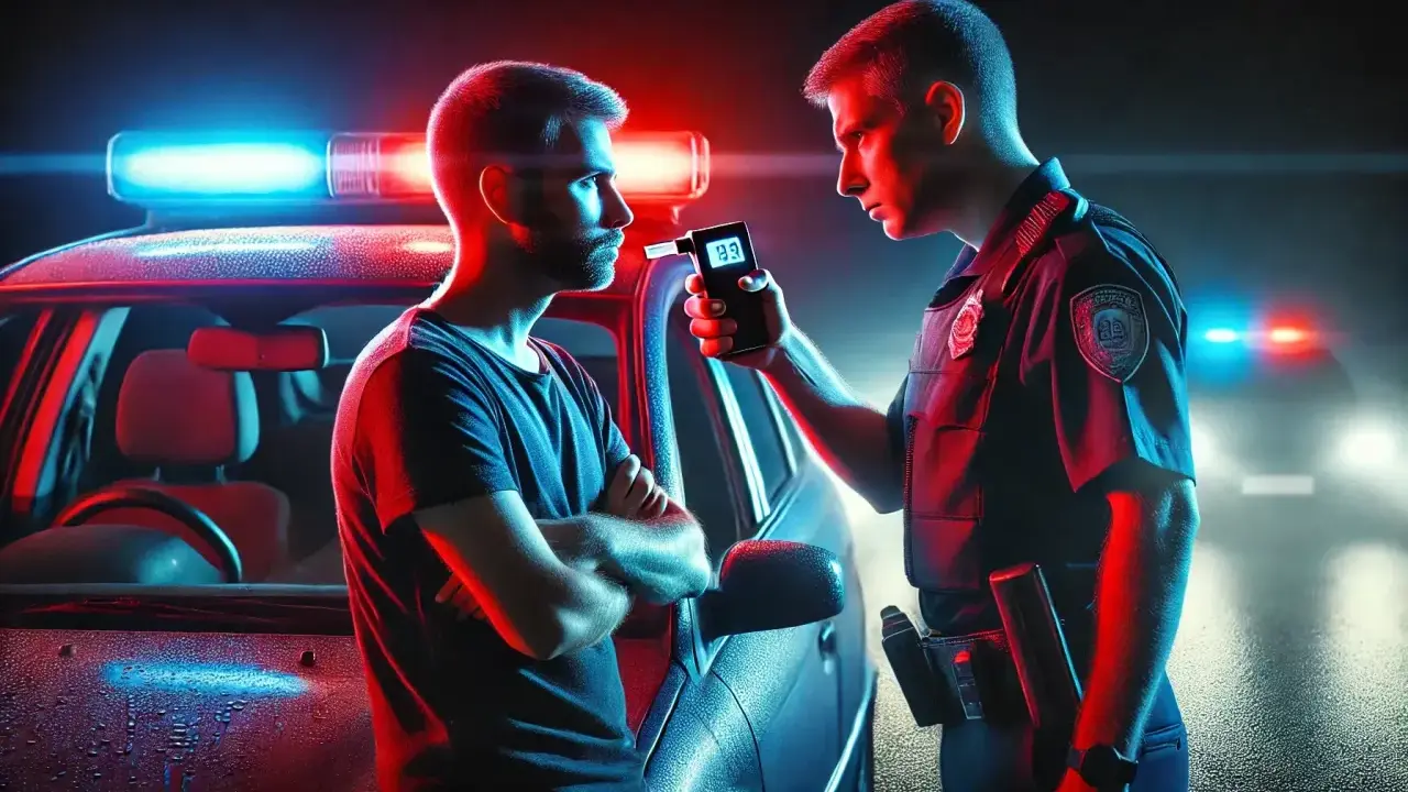 Policjant bada kierowcę alkomatem. Czy można odmówić badania alkomatem? Nie, w tej sytuacji nie można odmówić.